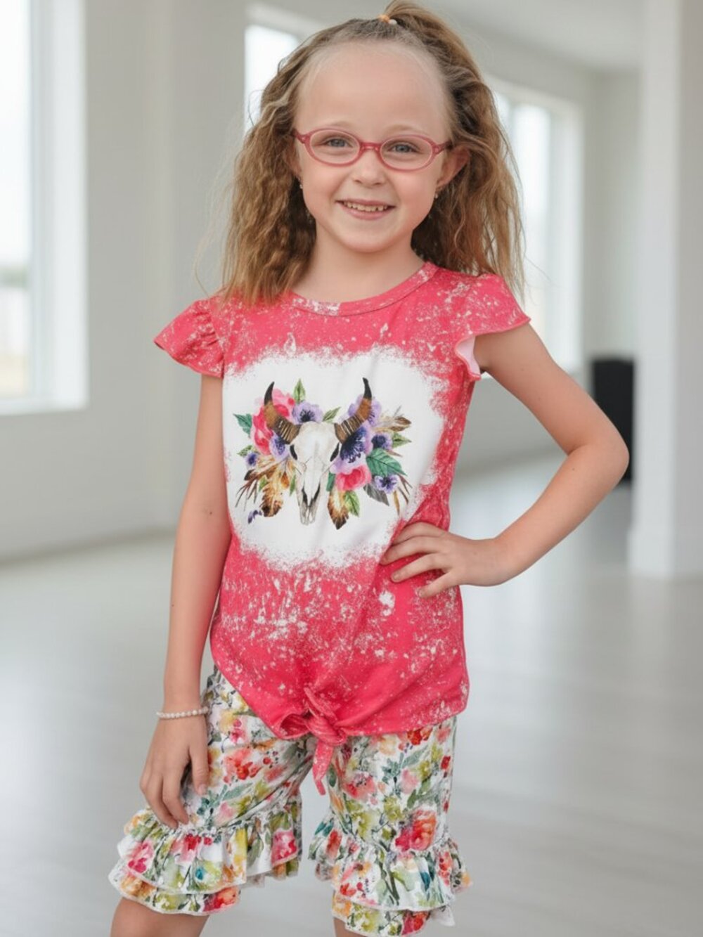 Cowgirl Boho Short Set: Floral Ruffle Shorts & Cow Skull Tee